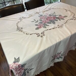 Battenburg Lace Oval Tablecloth 66x82 Ecru Beige Rose Floral Cutout 100% Cotton